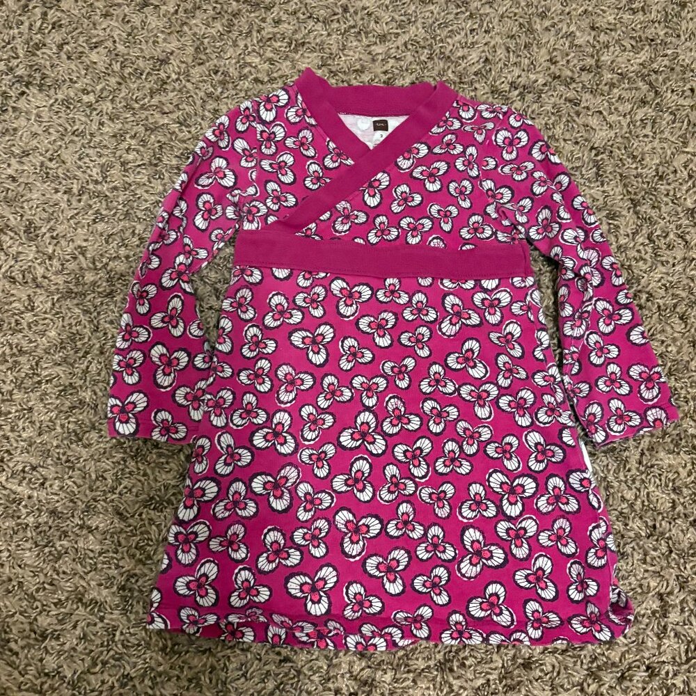 Tea Collection Dress 2 Dark Pink Floral Print Long Sleeve 100% Cotton Casual